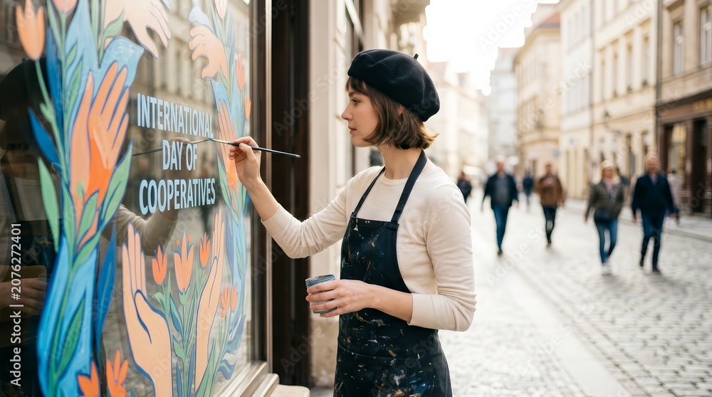 Obraz premium Street art mural on a shop window celebrating International Day of Cooperatives with themes of unity.
