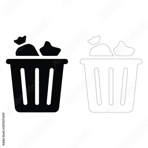 Obraz na plátně Simple black silhouette and thin outline icons of a trash can filled with discar