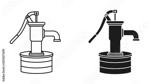 Water Pump Illustration: Two detailed illustrations of a manual water pump, one in outline and one in solid black, showcasing the classic design of a historical water source.