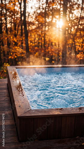 Outdoor hot tub with bubbling water on a wooden deck in an autumn forest. Warm sunlight shines through orange trees, creating a cozy and relaxing atmosphere for a peaceful evening retreat.