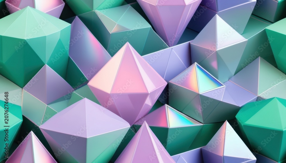 Fototapeta premium Faceted pyramids arranged in pastel geometric cluster field