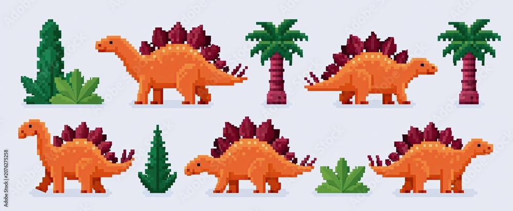 Fototapeta premium Pixelated stegosaurus in dynamic retro 8-bit style, perfect for engaging children's educational dinosaur games.