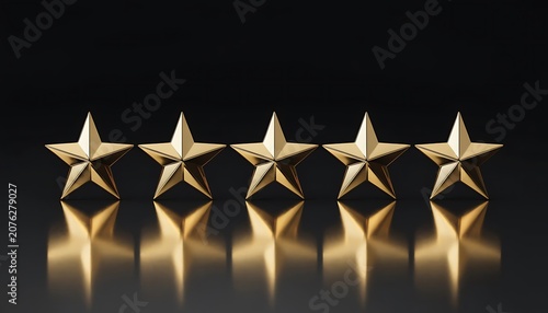 Five golden stars in a row for customer rating and feedback on a dark reflective surface