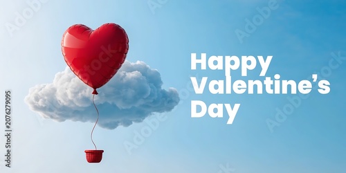 Red heart balloon flying with a cloud in the bright blue sky for Happy Valentine Day