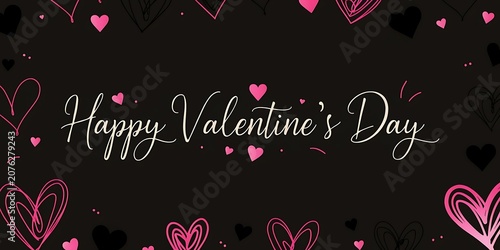 Happy Valentines Day text with hand drawn pink hearts on a dark black background