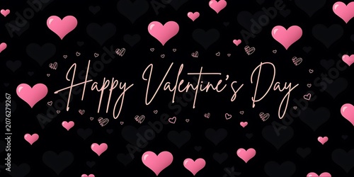 Happy Valentines Day text with pink hearts floating on a solid black background