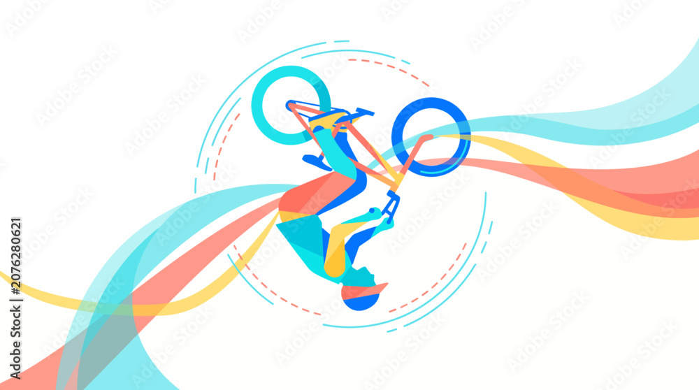 Obraz premium Dynamic Professional BMX Freestyle Rider Performing Aerial Stunt with Colorful Abstract Motion Trails for Sports Vector Art