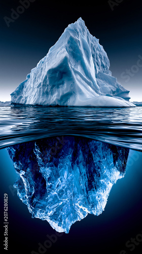 massive iceberg with vast underwater section in arctic ocean, enormous iceberg floating in cold polar waters, arctic iceberg revealing hidden underwater mass in deep blue sea