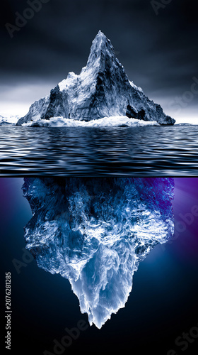 massive iceberg with vast underwater section in arctic ocean, enormous iceberg floating in cold polar waters, arctic iceberg revealing hidden underwater mass in deep blue sea