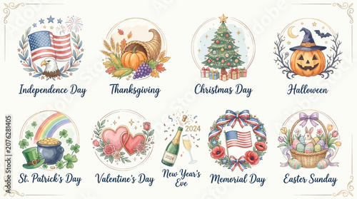 Holidays and celebrations icons on white background with various symbols
