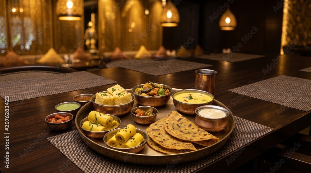 Fototapeta premium Authentic Gujarati Thali with Dhokla, Thepla and Traditional Dishes