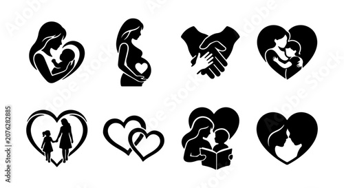 Obraz na płótnie Motherhood and Family Love Icons, Vector Set: Caring Mom, Pregnancy, Partnership