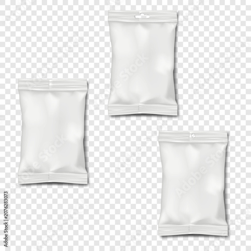 White blank flexible plastic pillow bag. Plain, hanging with round hole, euro slot. Vector mockup set. Realistic crumpled food snack pouch package. Mock-up. Template for design