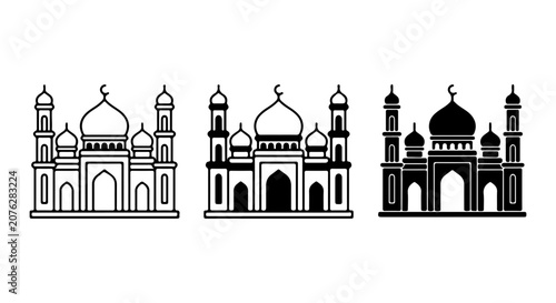 Foto Islamic Mosque Architecture Icons, Set of 3 Vector Illustrations, Black and Whit