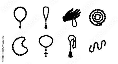 Tableau sur toile Islamic Prayer Beads, Rosary, Tasbih Icons Set, Black Silhouette Vector Graphics