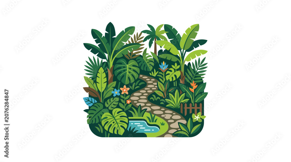 Fototapeta premium Lush Tropical Jungle Garden Path with Pond and Exotic Plants