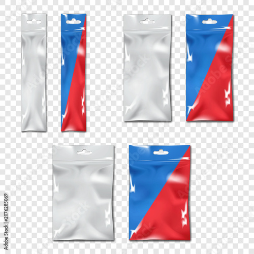Blank PVC pouch package with euro slot. Realistic vector mockup set. Clear front, white, color back. Hanging transparent plastic bag. Easy editable mock-up. Template for design
