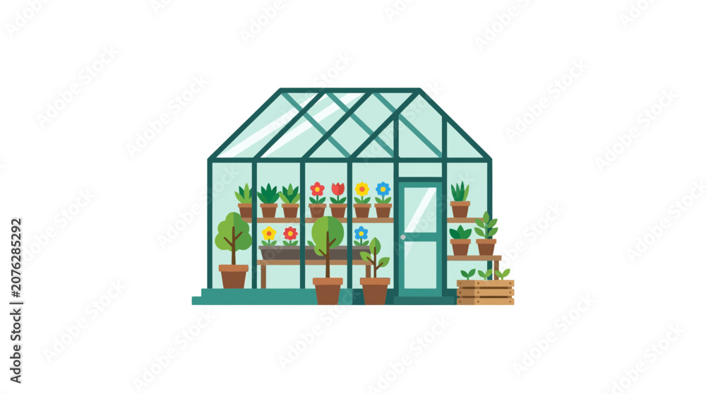 Fototapeta premium Greenhouse with Plants and Flowers, Vector Illustration
