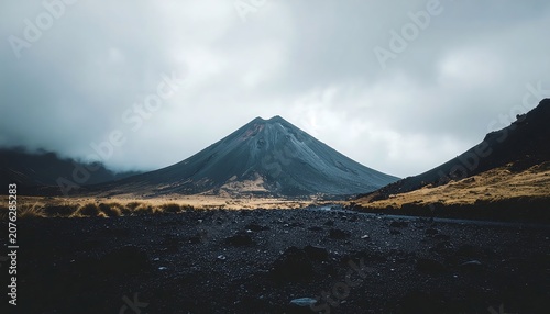Majestic Mountain Peak Under Cloudy Sky.
