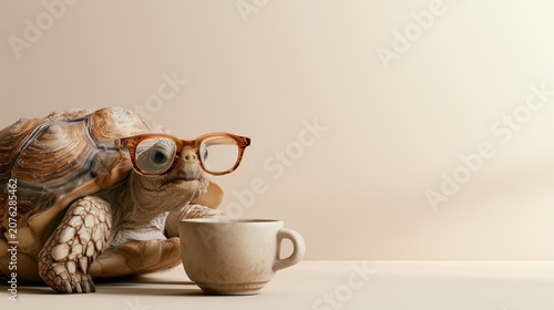 Cute Tortoise Wearing Classic Amber Glasses Enjoying Coffee Break on Minimal Beige Background