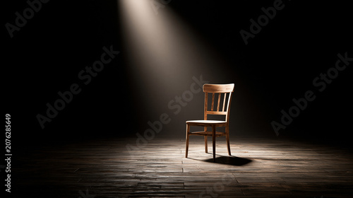 Single tilted chair in an empty room with dramatic side lighting and deep shadows.