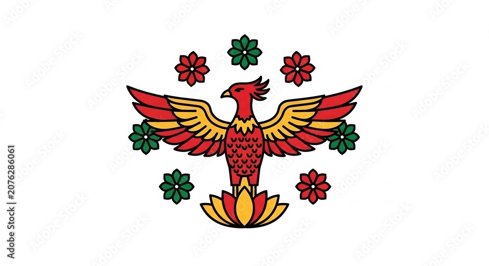 Fototapeta premium Phoenix bird symbol with outstretched wings and floral accents