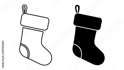 Christmas Stocking Icon: A simple graphic illustration showcasing two Christmas stockings, one outlined in black and white and the other in solid black, ready to be filled with holiday surprises.