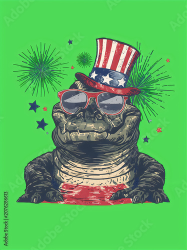 Illustrated alligator wearing uncle sam hat and sunglasses with fireworks
