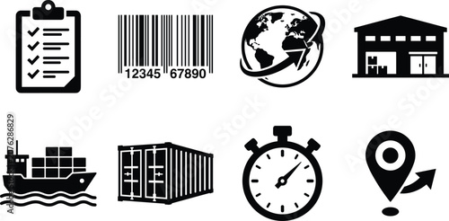 Cuadro en lienzo Set of logistics and supply chain management black icons isolated on white backg