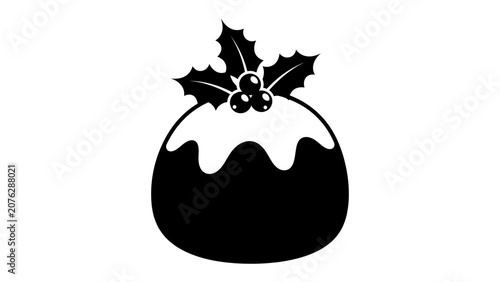 Christmas Pudding Icon: A simple, festive illustration of a Christmas pudding adorned with holly leaves and berries, symbolizing holiday cheer and traditional winter treats.