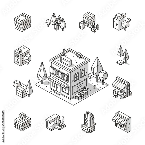 Set of isometric line art building and architectural elements for city planning.