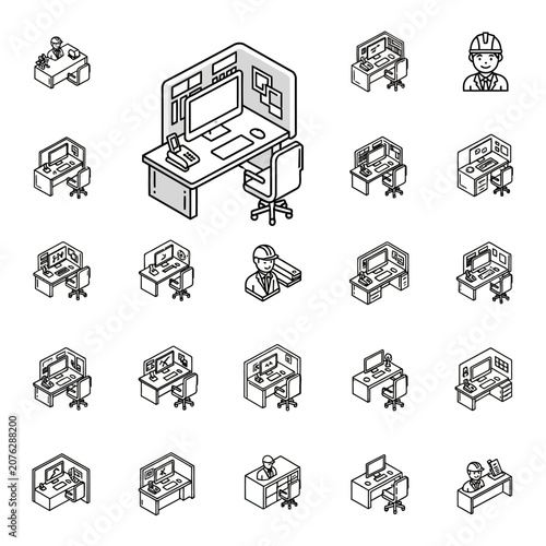 Set of isometric office workstation icons featuring desks computers and professional workers.