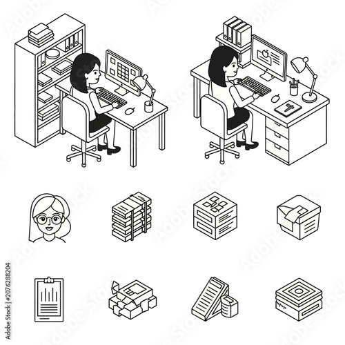 Set of isometric office icons with a woman working at her computer desk and various business supplies.