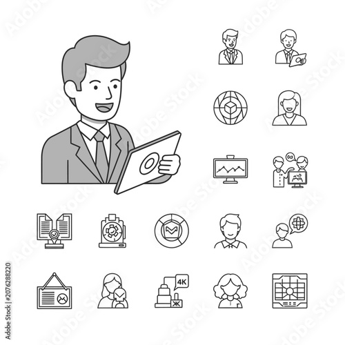 Set of business and technology line art icons featuring professional characters and digital communication symbols.
