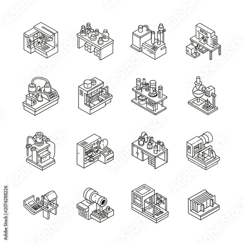 Set of isometric icons representing various laboratory equipment and scientific research machinery in outline style.