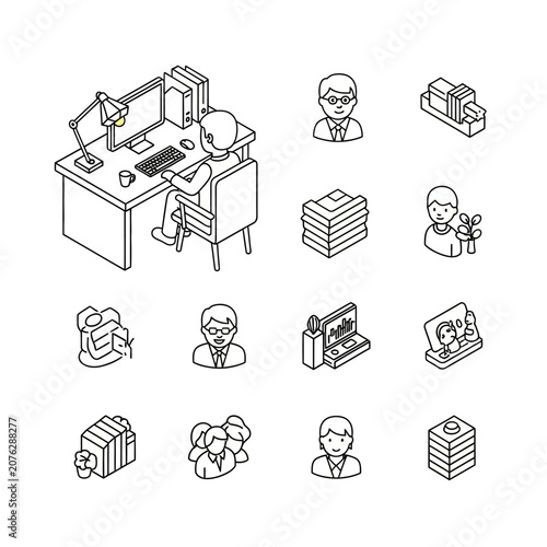 Set of isometric office and business icons with people working at desks and professional avatars.