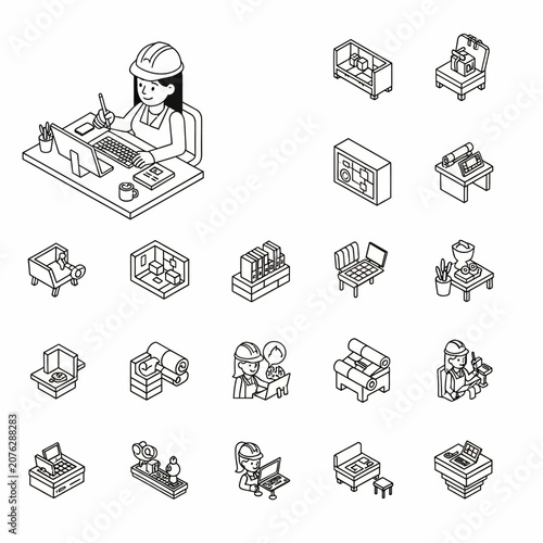 Set of isometric line art icons featuring architects and engineers working in office environments.