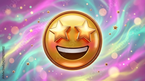 Golden smiling emoji face with star eyes on vibrant background