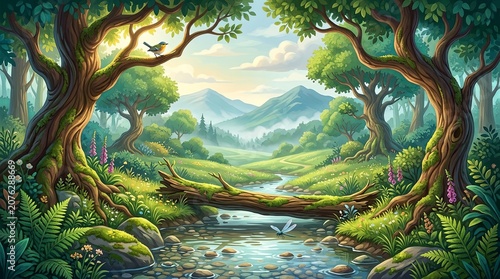 Vibrant digital painting of a peaceful forest stream and mountains