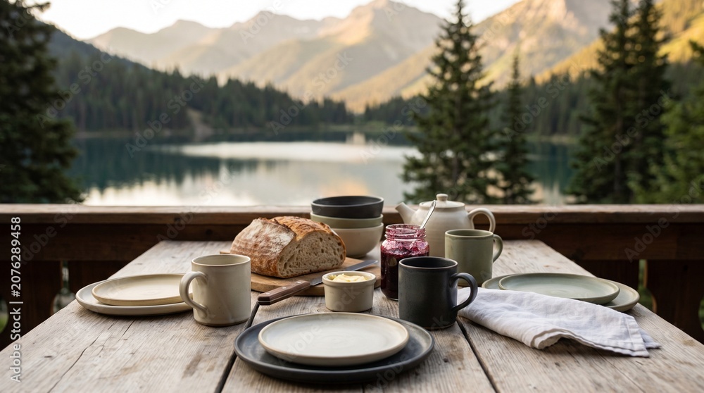 Fototapeta premium Breakfast table with scenic mountain lake view