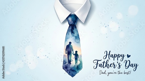 Watercolor father and son silhouette inside a blue necktie illustration