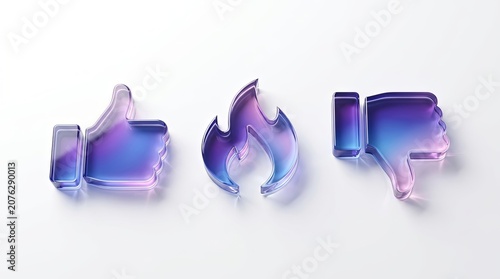 Glass thumbs up flame and thumbs down icons for social media