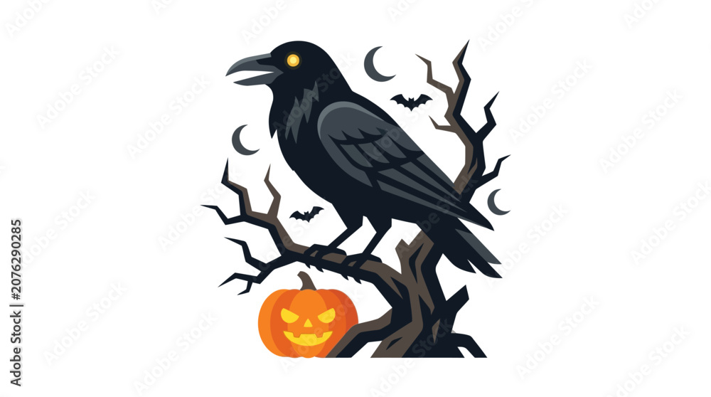 Fototapeta premium Suitable for halloweenthemed designs, this image features a dark raven, gloomy tree, orange jackolantern, crescent moons, spooky bats.