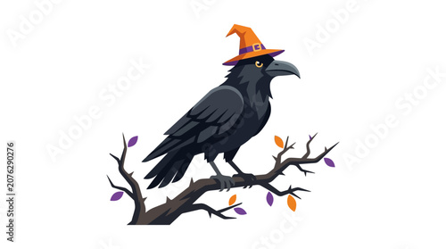 Photos Black crow with orange pointy witch hat perched on barren tree surrounded by colorful autumn leaves