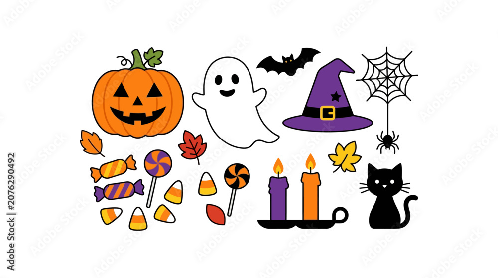 Fototapeta premium Halloweenthemed design elements like jackolanterns, ghosts, bats, hats, spider webs, candy, leaves, candles, black cats for seasonal graphics.