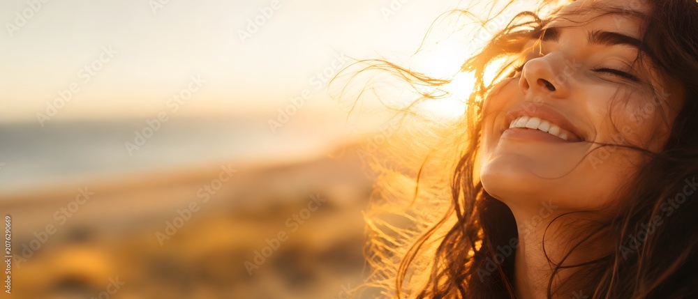 Fototapeta premium Happy laughing young woman with closed eyes enjoying summer sunset on sandy ocean beach