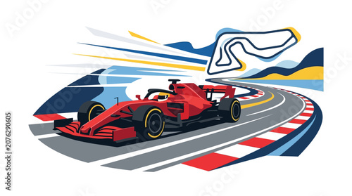 Red formula race car speeding on silverstone circuit track, creating dynamic abstract motion blur graphic suitable for sports marketing materials.