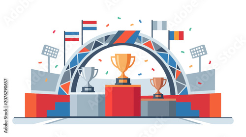 Suitable for sports event promotion materials podium trophies, flags, confetti, stadium lights, celebration, competition, victory, gold, silver, bronze.