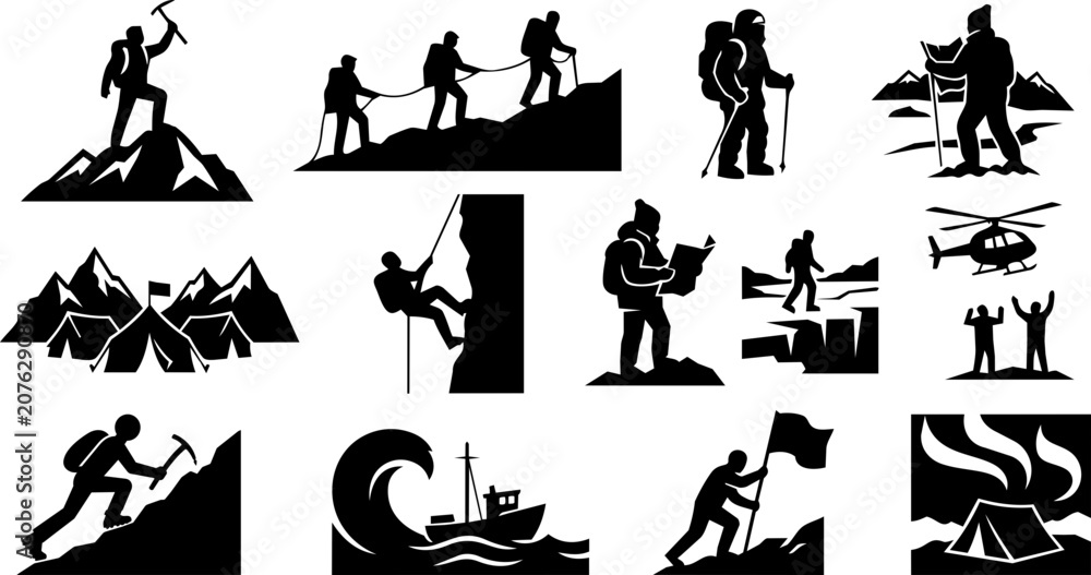 Obraz premium Expedition and Exploration Silhouette Icon Set with Mountaineering and Wilderness Adventure