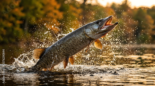 Large northern pike fish jumping out of lake water during sunset with predator wildlife freshwater riverine movement